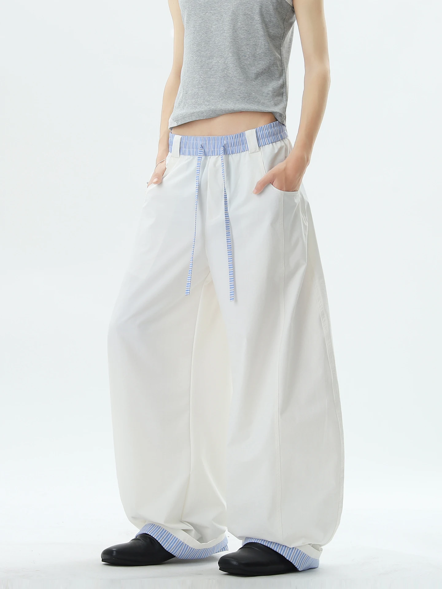 

American Sle Casual Loose Pants Men Women Spring Autumn New Splice Dstring Trendy Brand Thin Wide Leg Long Pants