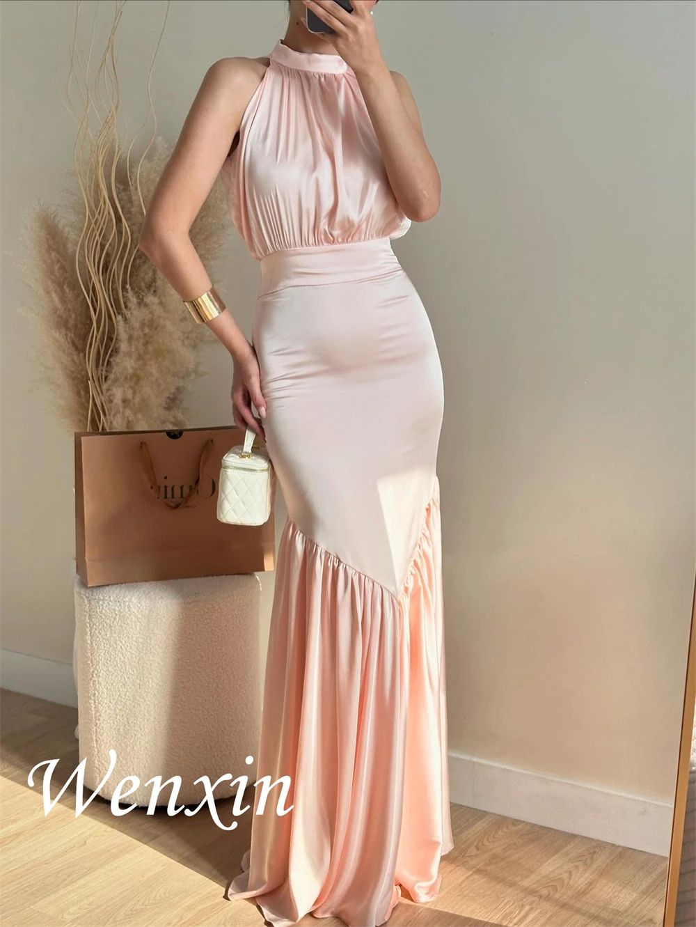 Robe De soirée sirène en Satin rose romantique, personnalisée, Sexy, col licou, sans manches, robes De soirée exquises