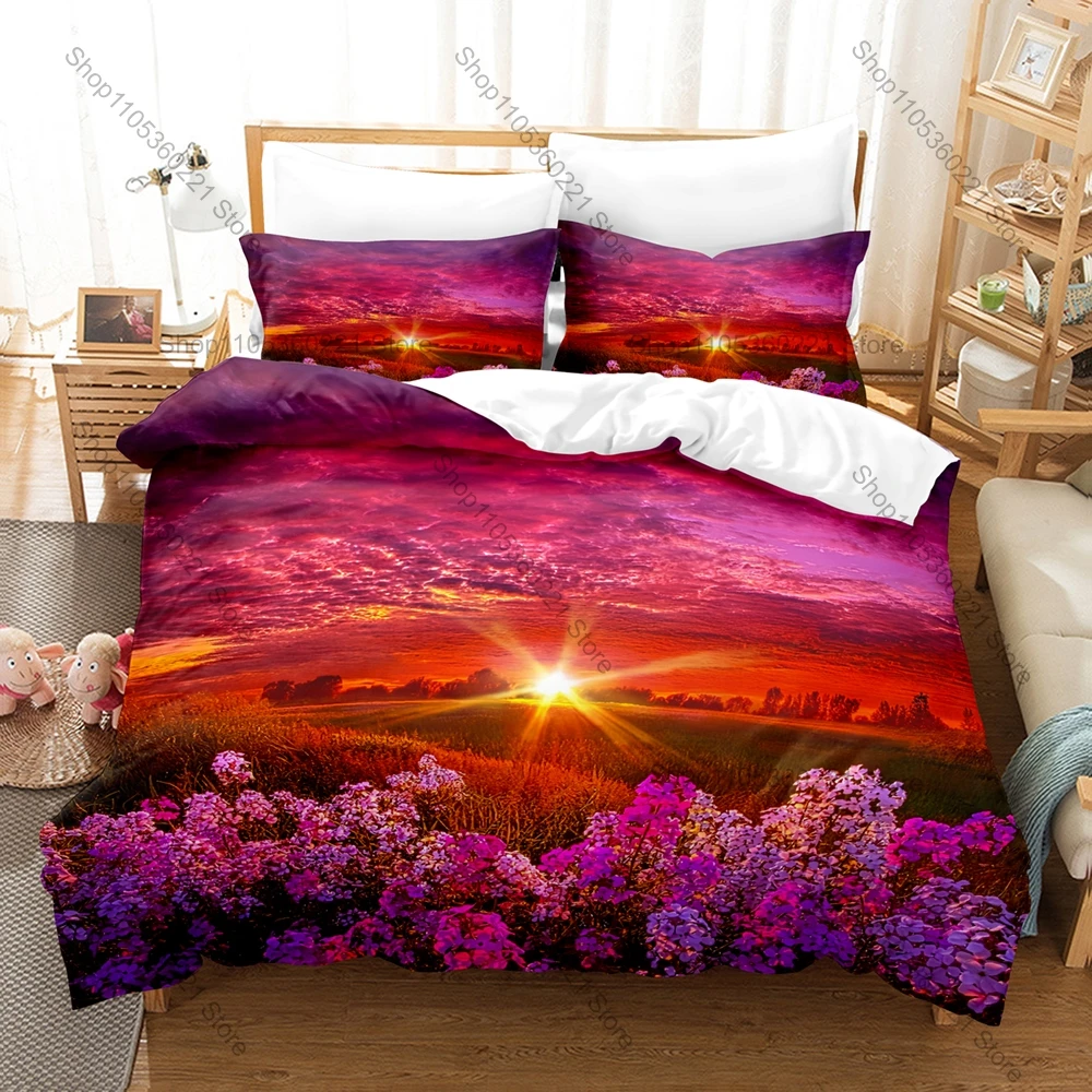 Warm Sunrise Three-piece Suite, Dreamy Sky Gradient Pattern, Soft Touch, Durable and Breathable Beautiful Sunrise Scenery