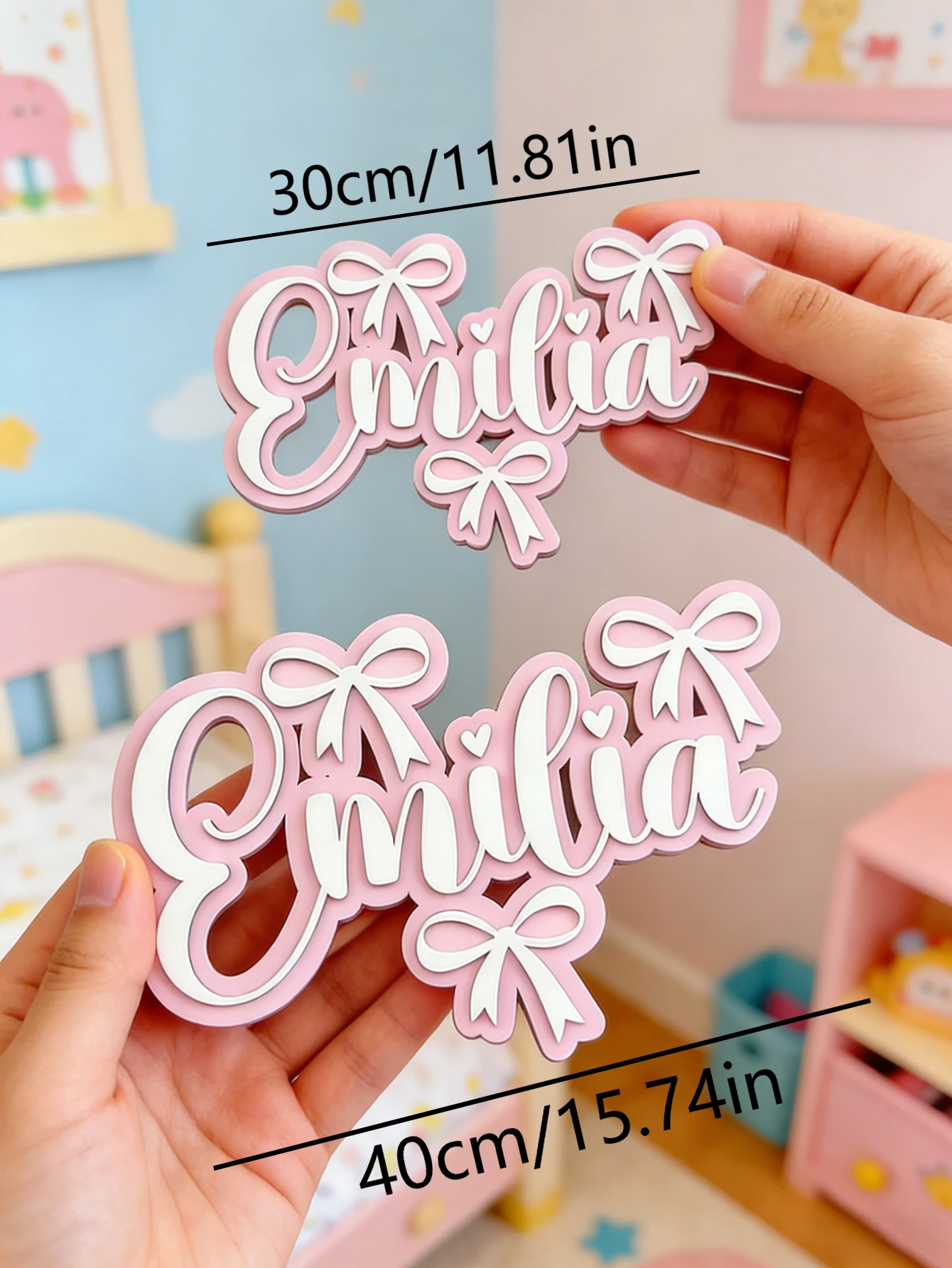 Custom Pink Bow Heart Wooden Name Sign Personalized Cursive Girl Nursery Wall Decor Baby Shower Newborn Bedroom Keepsake Gift