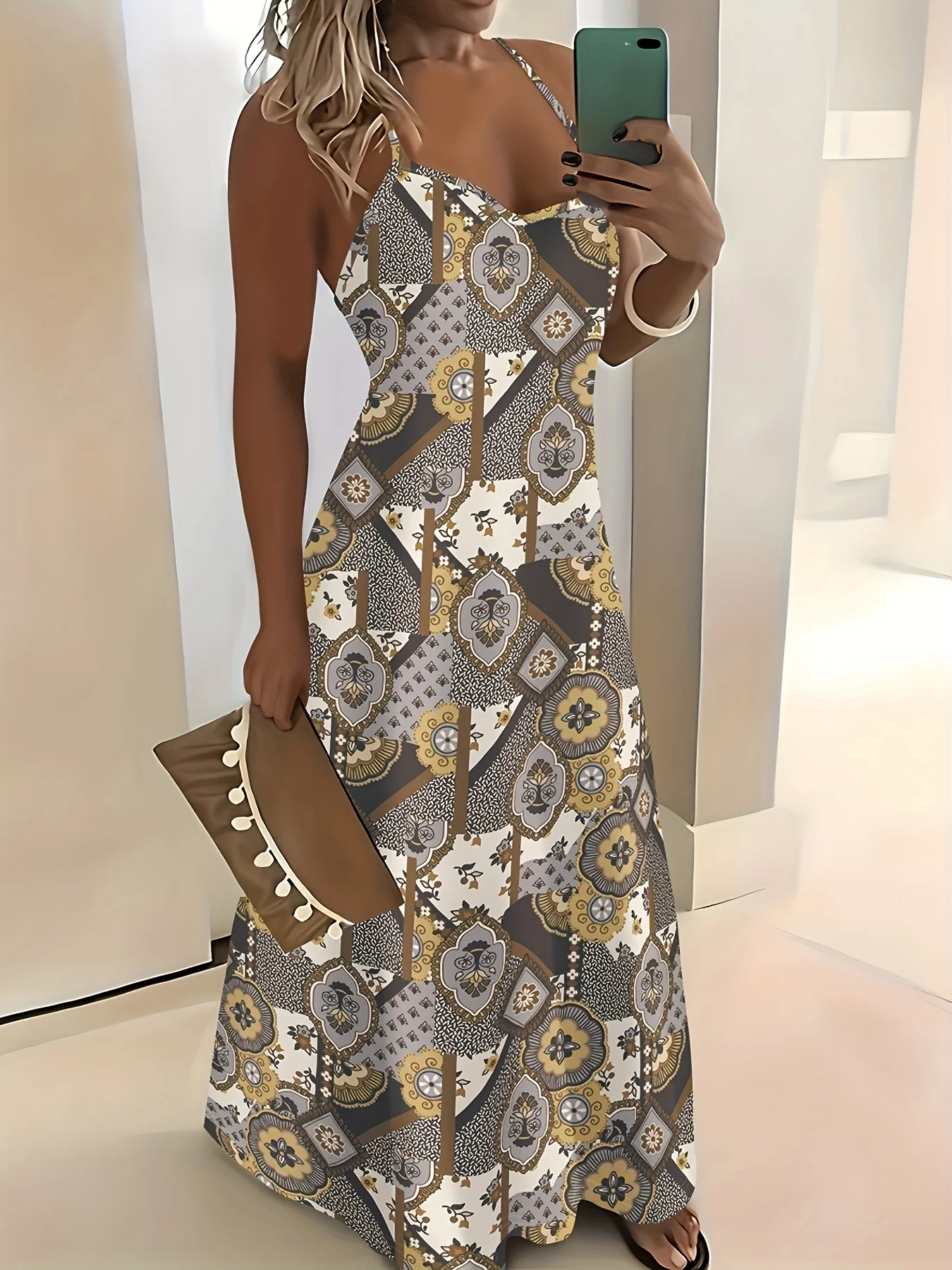 

Платье с принтом в стиле ретро, геометрическим цветочным узором и тонкими бретелями, летний дизайн.