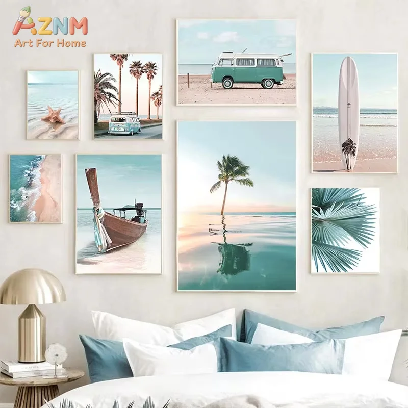 1PC Beach Scenery Poster Nordic Decorative Picture Tropical Sea Surfboard Bus Palm Tree Boat Canvas Painting for Home Decor