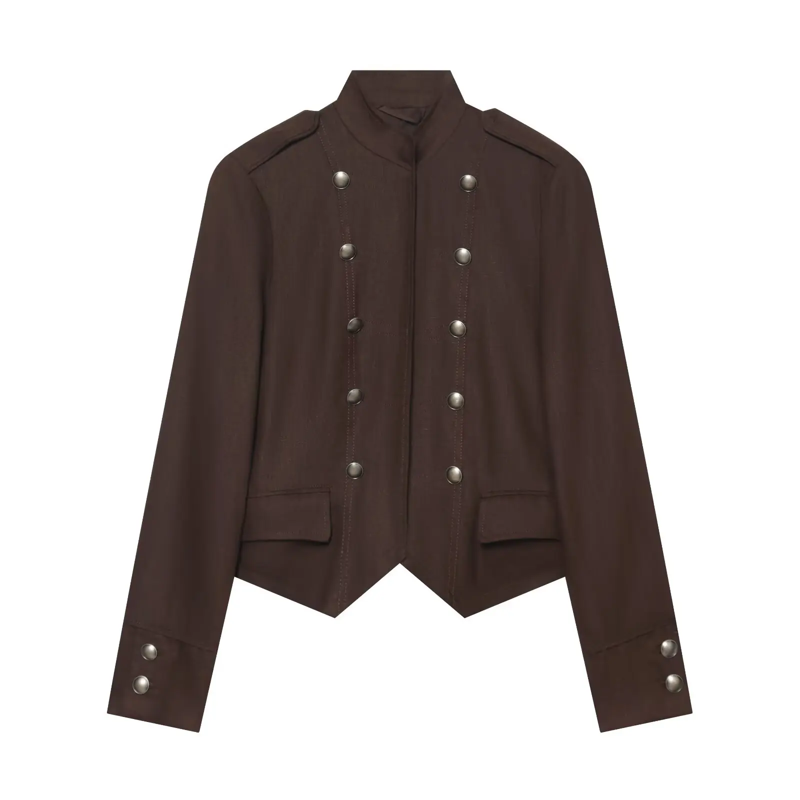BSAY Vintage Street Women Napoleon Stand Collar Double Breasted Jacket Epaulet Decor Pocket Cropped Long Sleeve Ladies Outerwear