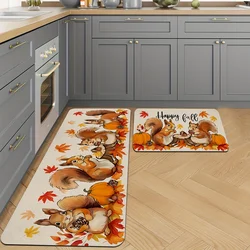 Fall Squirrel Kitchen Mat Autumn Maple Leaf Entrance Non-slip Doormat Bedroom Laundry Bathroom Floormat Thanksgiving Decorations