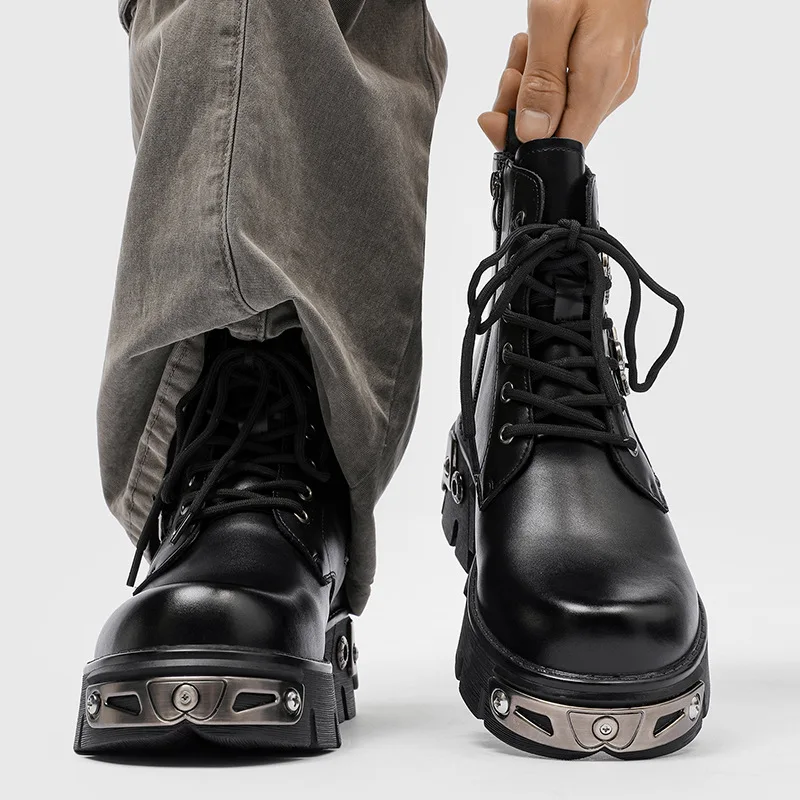 big size mens casual punk rock platform boots black designer shoes cowboy natural leather boot cool motorcycle ankle botas male