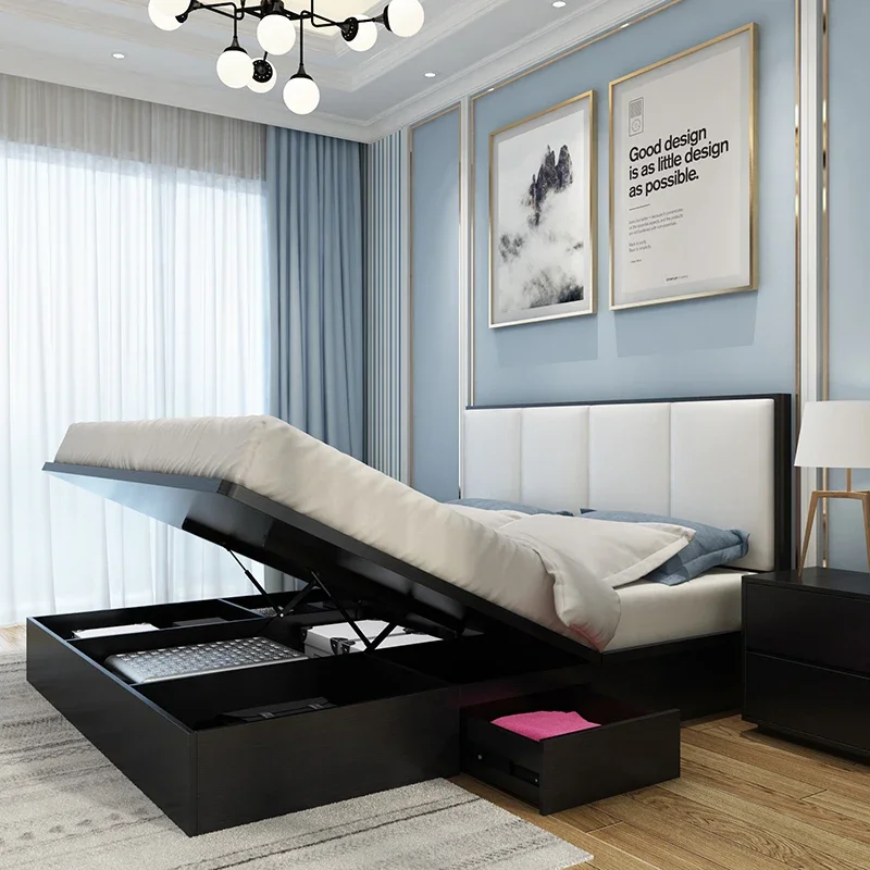Simple modern plate double bed 1.5 meters 1.8 meters soft bag bed Nordic bedroom storage high box storage wedding