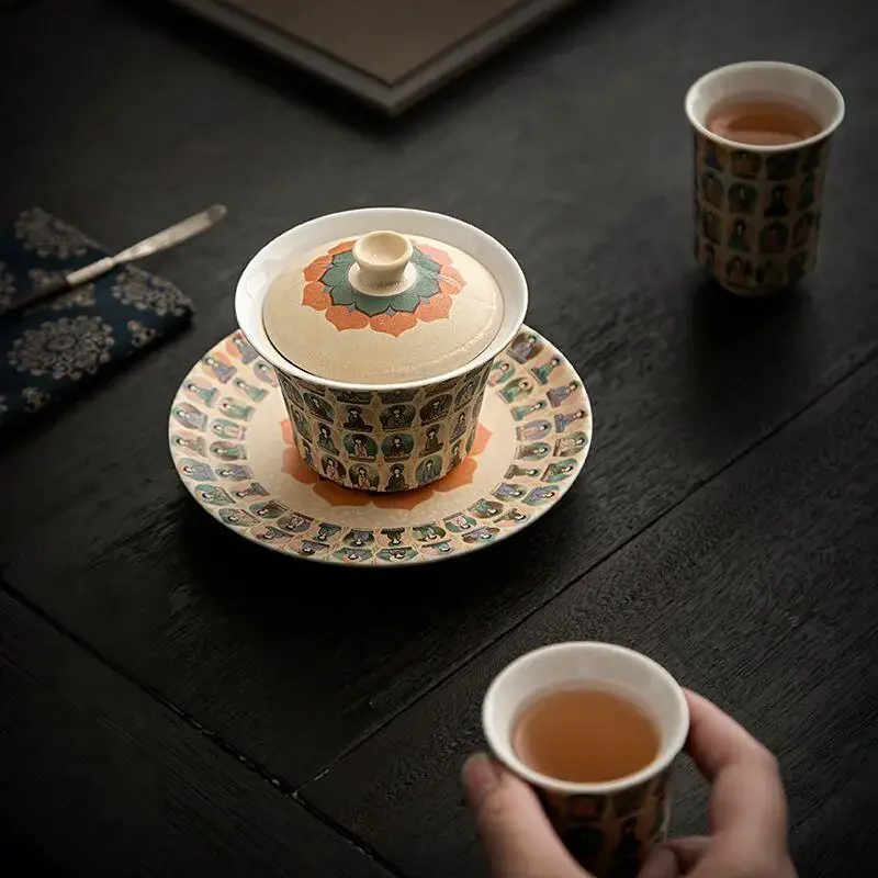 Handmade Anti-Scald Ceramic Three Treasures Cover Bowl Tea Cup, Large Size, Cultural and Creative Dunhuang Thousand Buddha Tea B