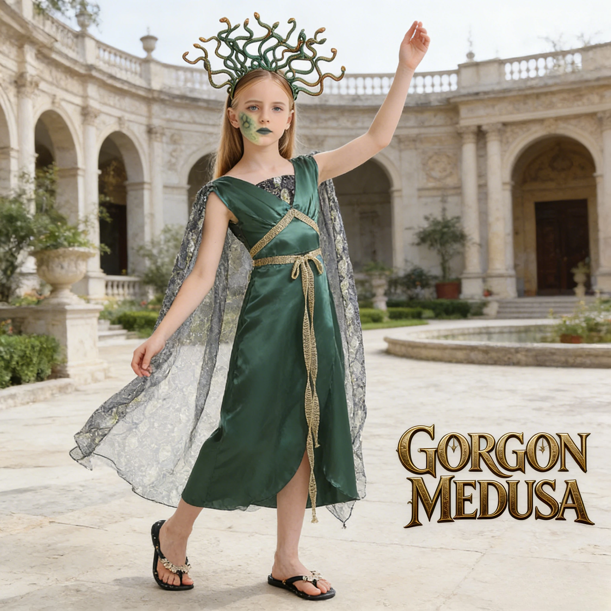 

Детский костюм Горгоны из греческой мифологии, зеленый, с волосами в виде змеи, для косплея и сценических выступлений