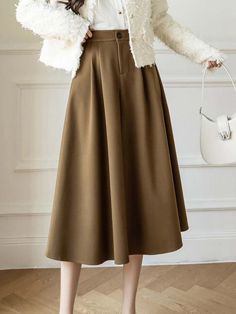 Korean Midi Skirt Women Elegant Casual A-line Skirt Autumn Winter Thick Commuter Skirt Lady Fashion Sim Solid All-match Skirt