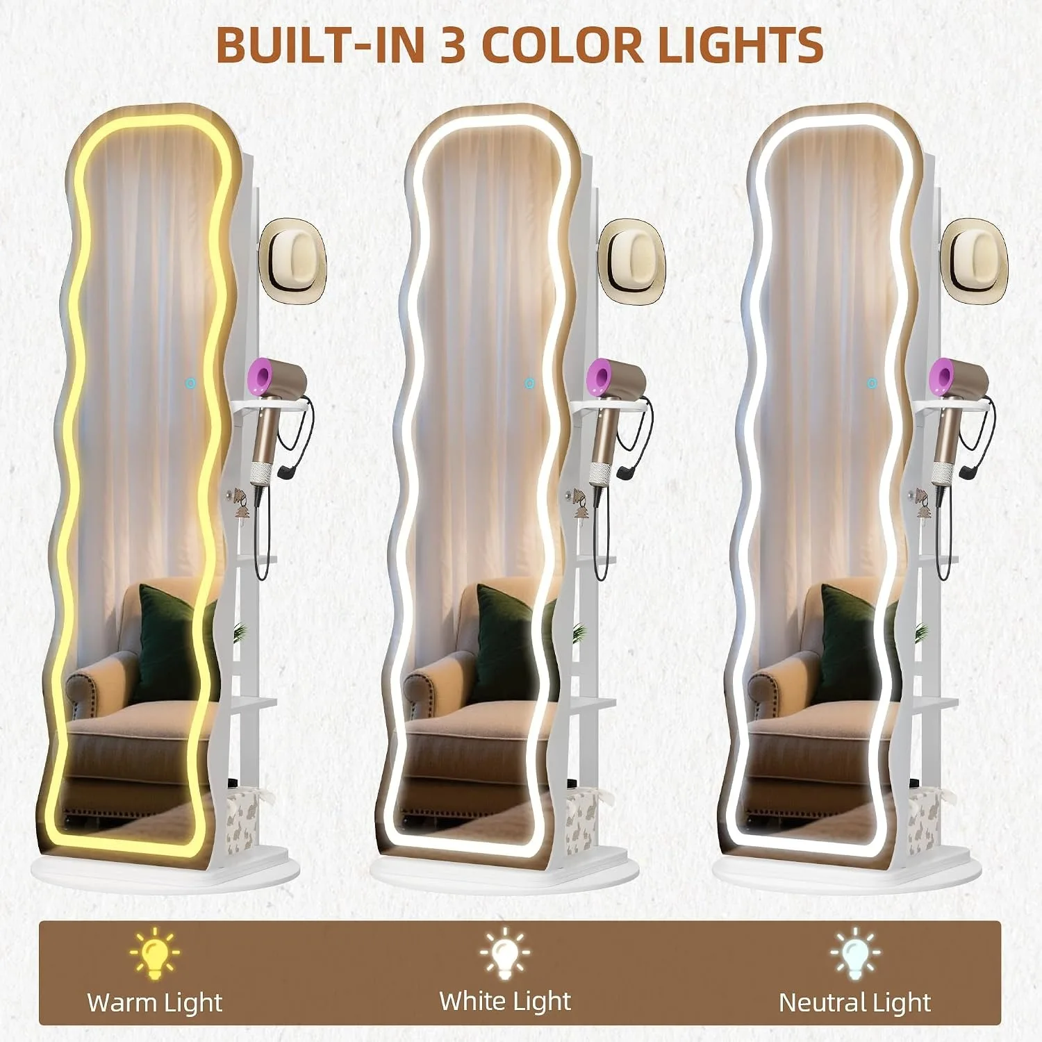 LED Mirror Jewelry Cabinet Standing, 360° Swivel, White | Lockable Jewelry Armoire with Mirror, Interior LED Makeup Mirror, Foldable Shelf, Large Capacity, Gift for Women, Girls