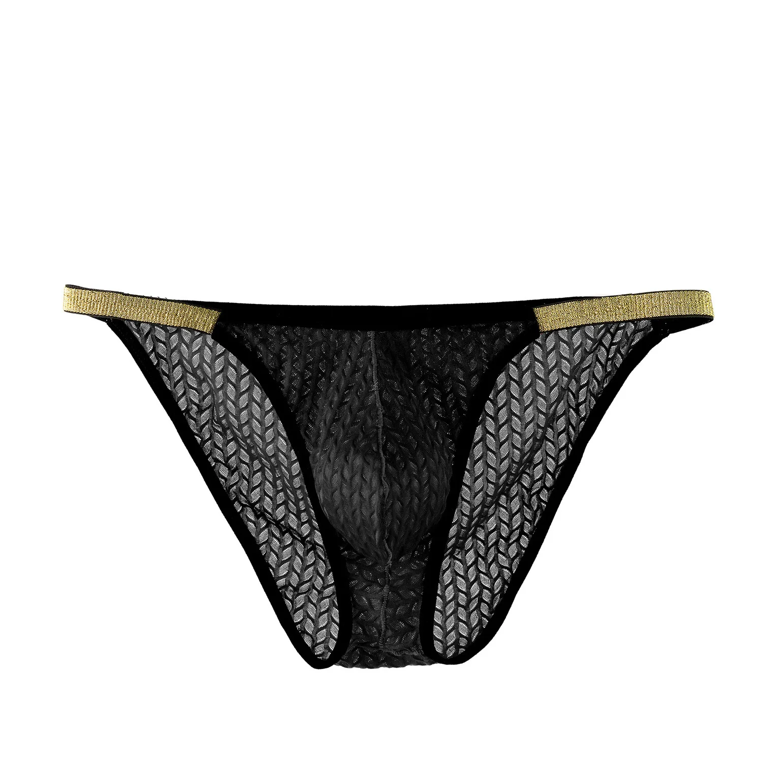 

Мужские сексуальные трусы-брифы с низкой посадкой, дышащие, с сетчатым узором в виде листьев, с золотой отделкой, эротическое белье для геев, с высоким вырезом, интимные трусы для сисси