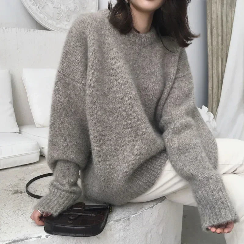 Pullover Women Top O-neck Minimalist Solid Color Knitted Sweater Fashionable Cardigan Female Clothing Spring Autumn Oversize