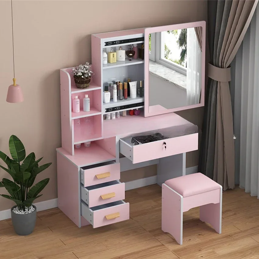 C918/C501 Simple Modern Dresser Household Bedroom Dressing Table Density Board Makeup T able With Mirror Drawer Lock Stool