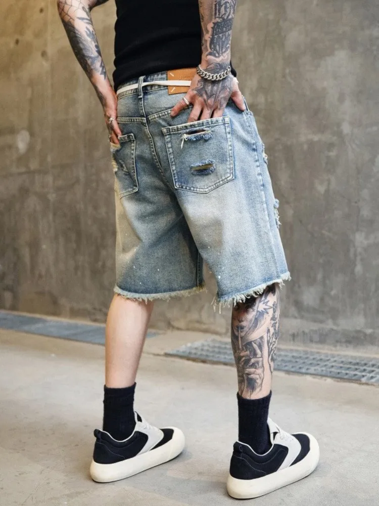 رجل الدنيم السراويل ممزق ثقوب الركبة طول مستقيم بنطلون الهيب هوب الجينز شارع العليا خمر رجل الصيف السراويل غير رسمية جديد