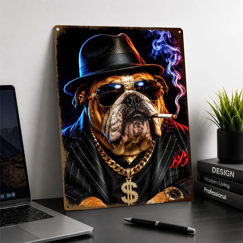 Bulldog In A Suit Smoking Textured Poster Customized Metal Tin Sign Striking Colorful Animal Wall Art Perfect For Living Rooms