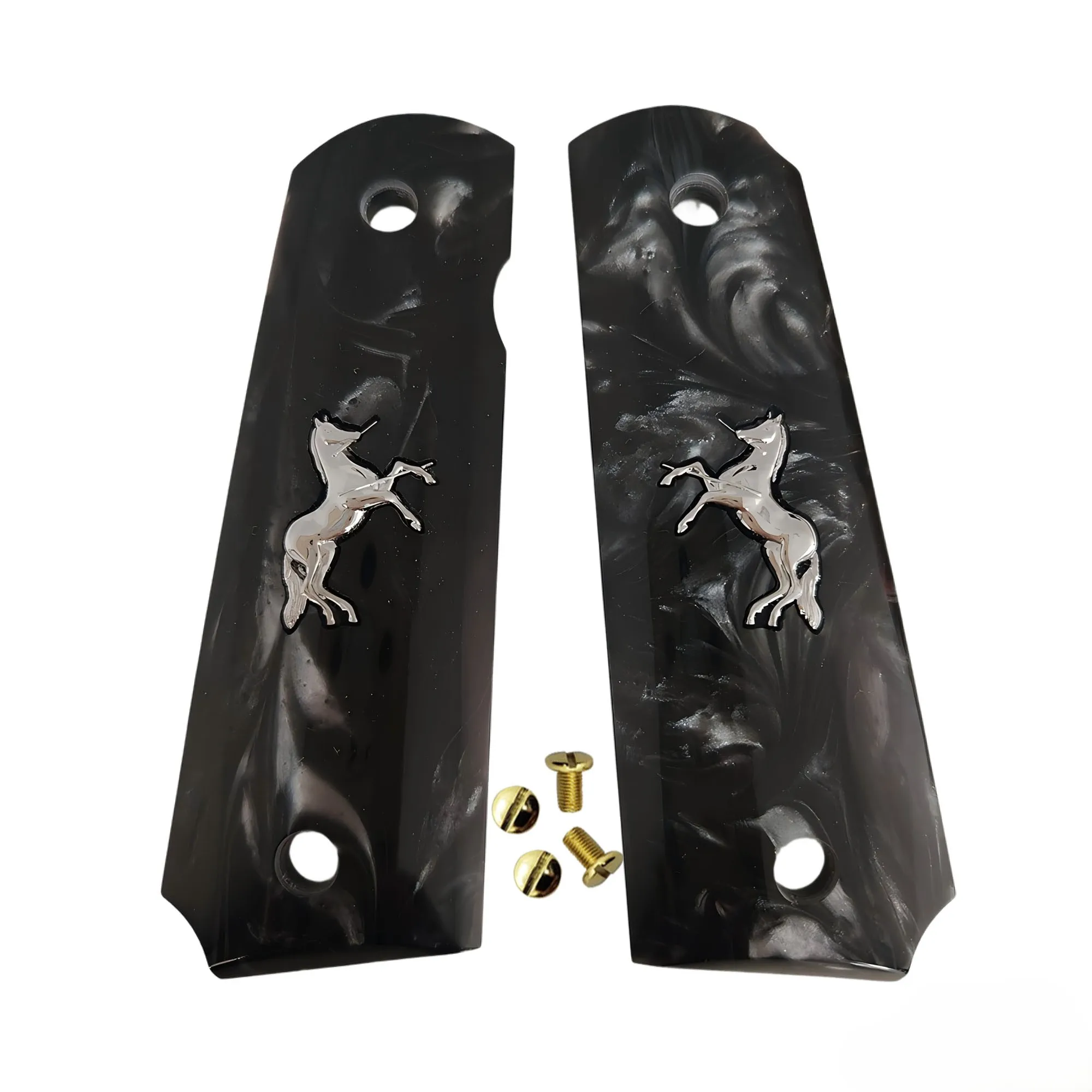 1911 Grips Full Size, zwarte parelmoer met zilveren paard, geschikt voor Colt, Kimber, Springfield, Remington, Rock Island, Government Commander