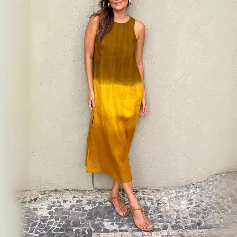 Verão feminino casual sem mangas fenda moda gradiente vestido 2025 temperamento longo vestido sem mangas para mulher