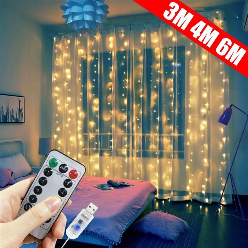 

Christmas Curtain Garland 8 Modes LED String Lights Fairy Lights String USB Remote Control Holiday Wedding Festival Decoration