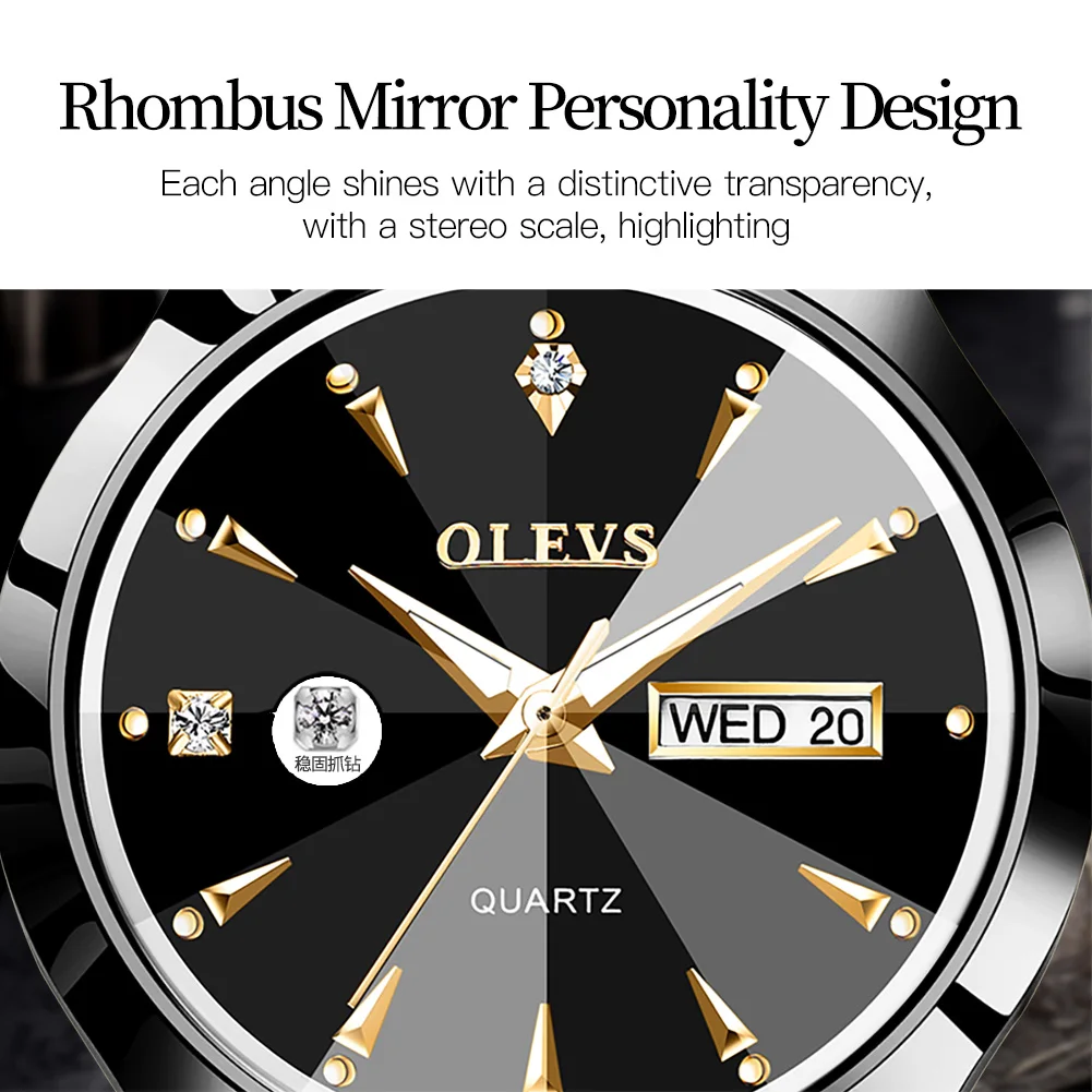 OLEVS Original Gold Couple Watch Elegant Rhombus Mirror Luxury Tungsteel Strap Fashion Lover\'s Wristwatches Date Men Women Clock