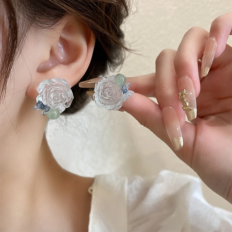 Korean White Transparent Resin Flower Butterfly Stud Earring Temperament Personalized Design Jewelry Christmas Girlfriend Gift