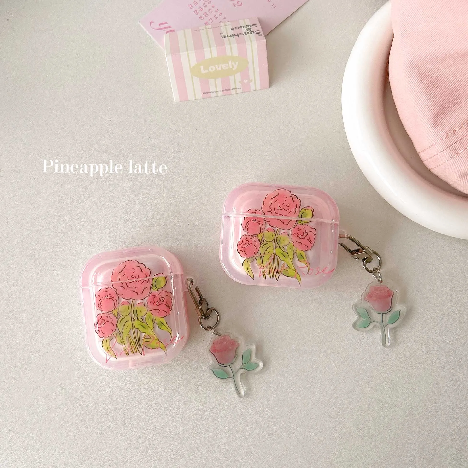 핑크 장미 꽃 이어폰 케이스, 애플 에어팟 1, 2 프로, 투명 펀다 펜던트, 에어팟 3 프로, 2 번째 충전 박스용, 여름