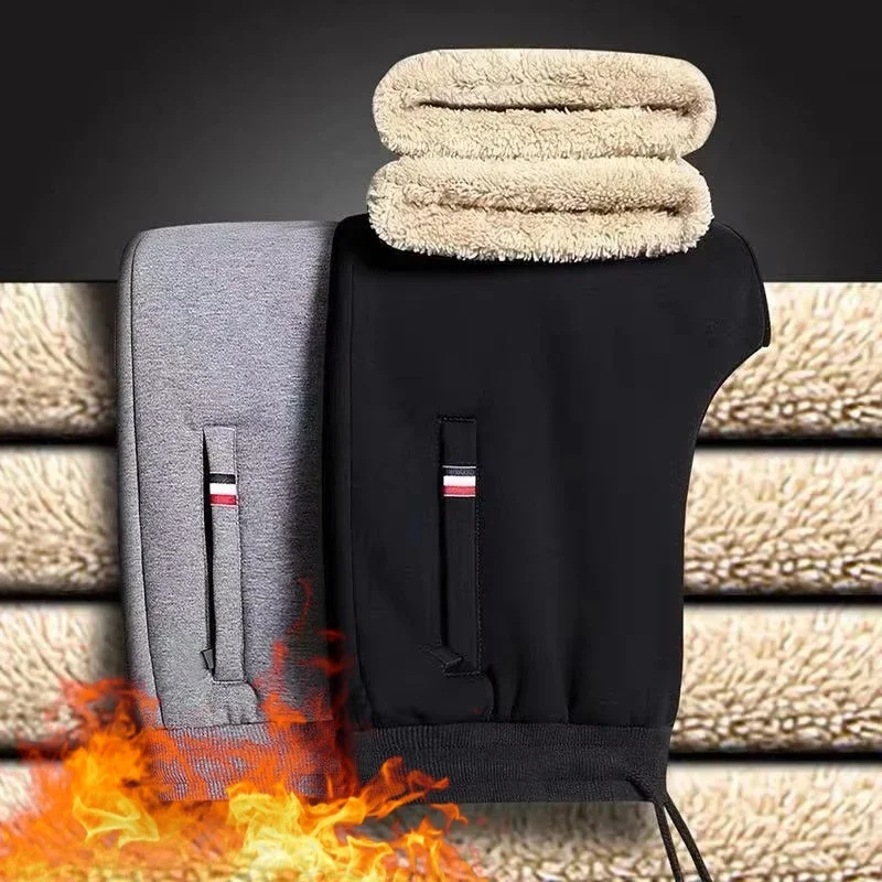 Winter Lambswool Warm Casual Pants Men's Fitness Jogging Sweatpants Male Solid Drawstring Bottoms Fleece Straight Trousers M-5Xl