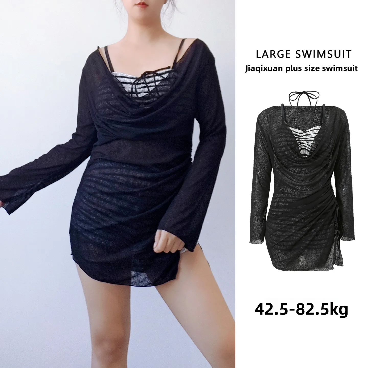 

Новый купальник-бикини больших размеров для женщин, летний, с длинными рукавами, полосатый, утягивающий, для отдыха на горячих источниках, пляжный костюм