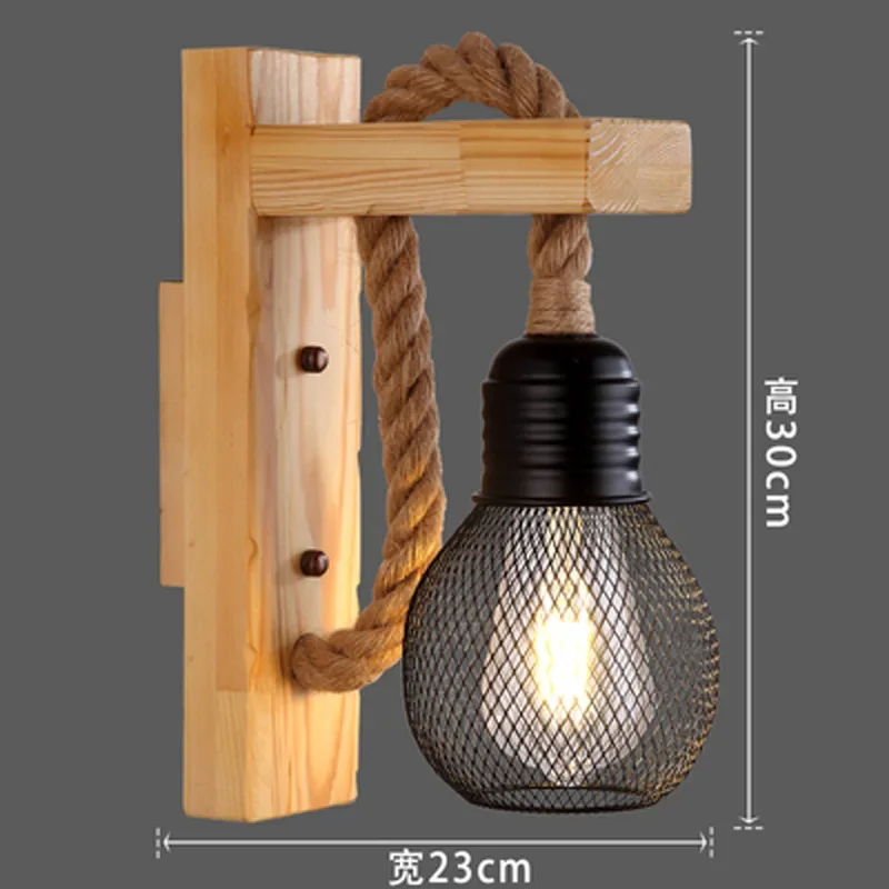 Vintage Hemp Rope Wall Lamp with Plug Wood Wall Lamp E27 Indoor Loft Outdoor Corridor Wall Lights Industrial Sconce Bedside Lamp