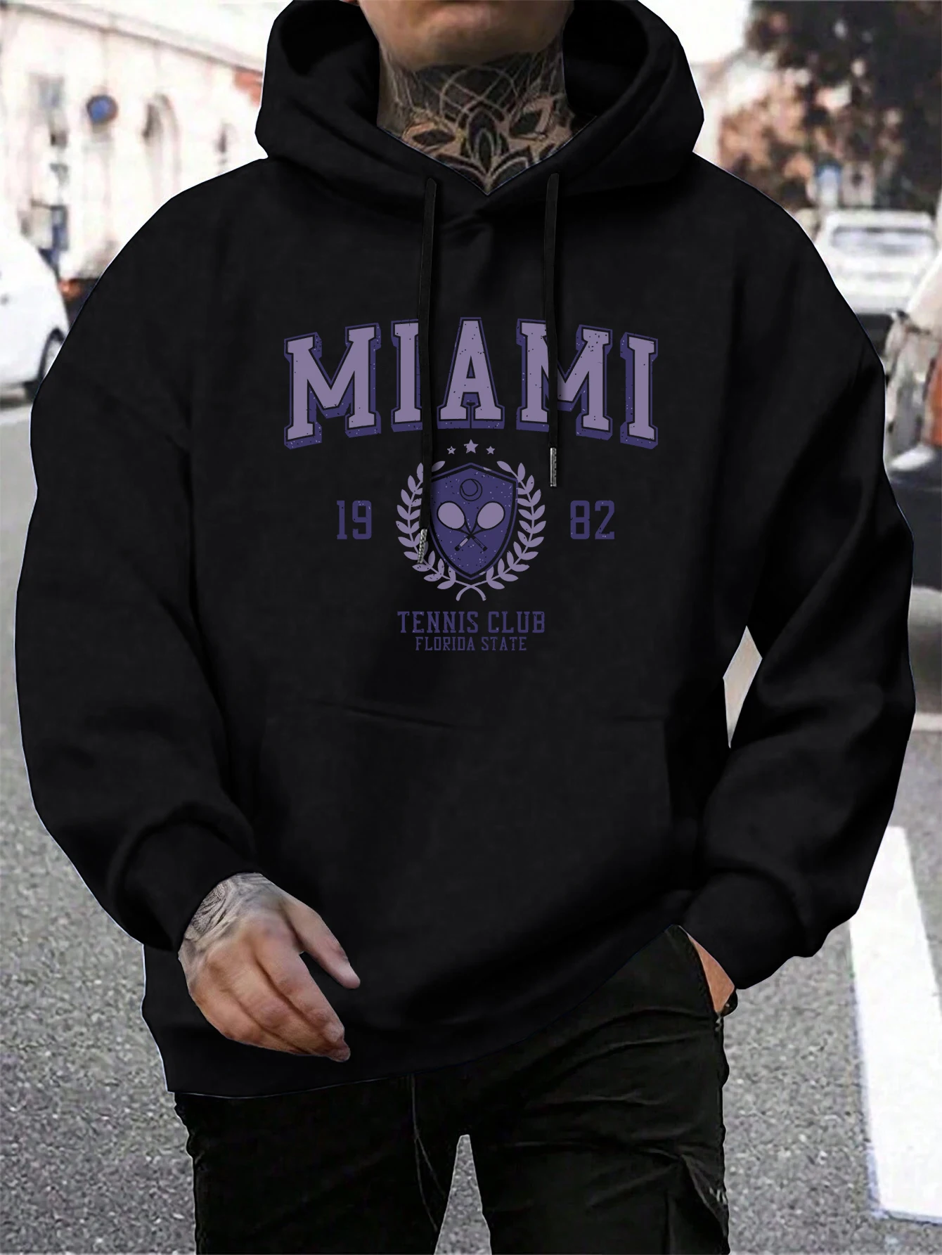 Miami 1982 Letter Print Pullover Men'S Fashion Quality Hooded Warm Casual Hoody Man Simple Loose Tops