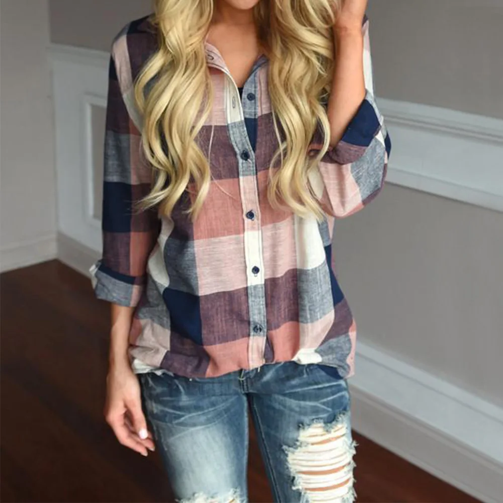 

Spring Autumn Plaid Shirt Flip Collar Casual Long Sleeve Shirt Top Women Cotton Linen Blend Straight Cylinder Style