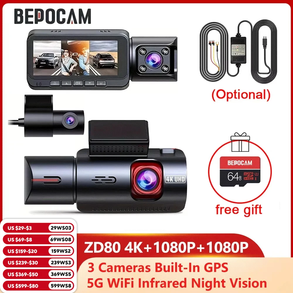 BEPOCAM 4K Dash Cam 3 Lens Dash Camera Built-In GPS Wifi 24H Parking Monitor Night Vision 5G Car DVR Dashcam APP Control ZD80