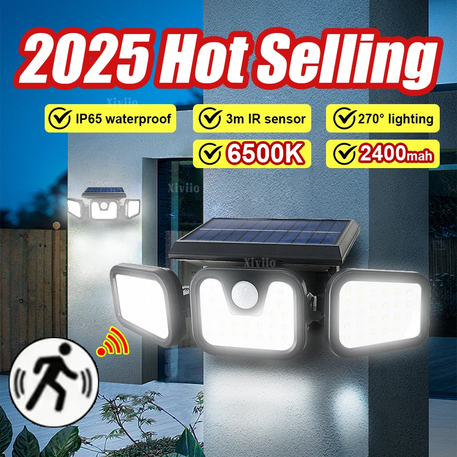 

2025 Горячий продавать светодиодный солнечный свет 2400 мАч Открытый датчик движения Индукция человека 270 ° Регулируемый IP65 Водонепроницаемый солнечный свет безопасности 3 головки Настенный светильник Прожектор