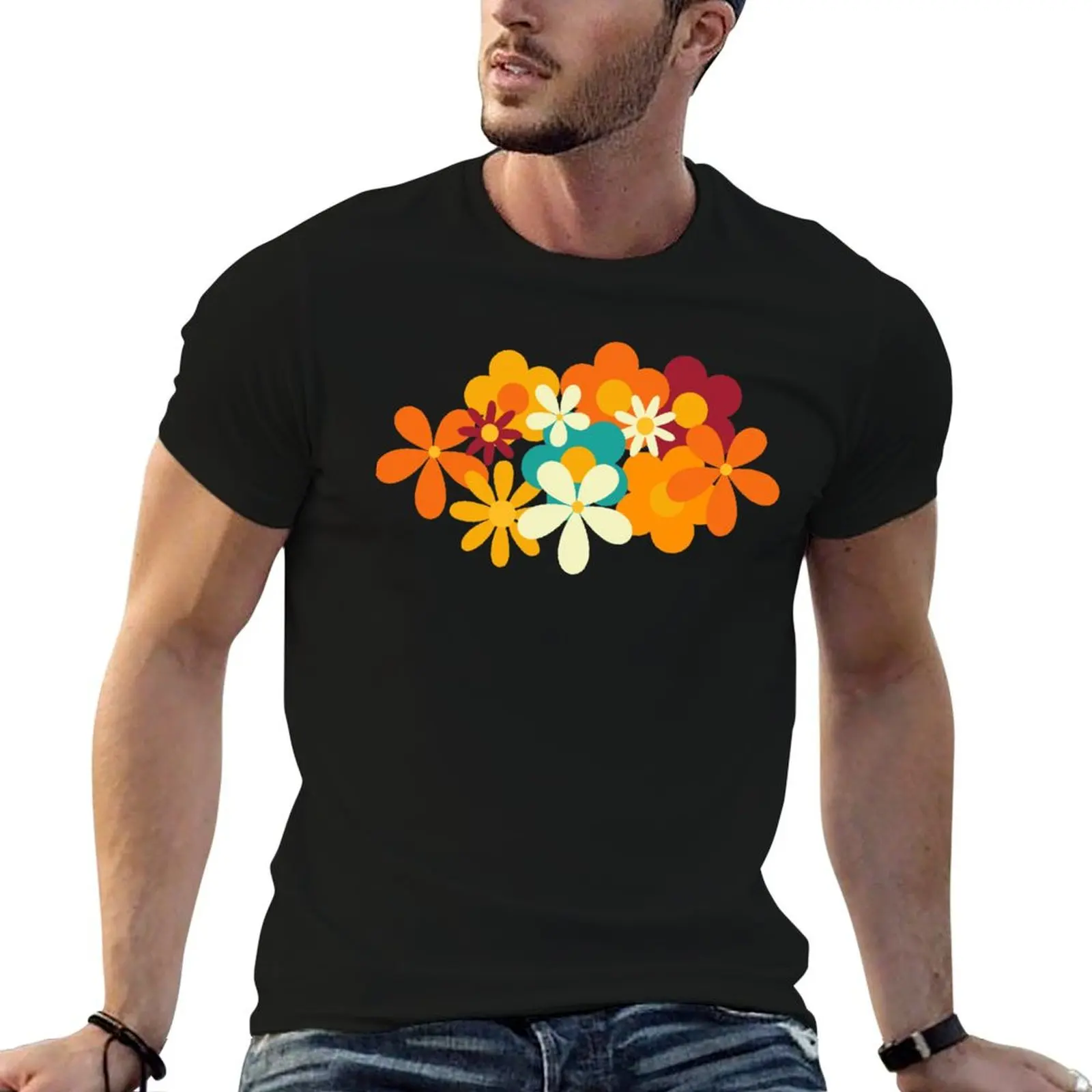 Retro 70s Classic Colors Flower Power Seamless Repeat Pattern Print T-Shirt blanks anime figures Short sleeve tee men