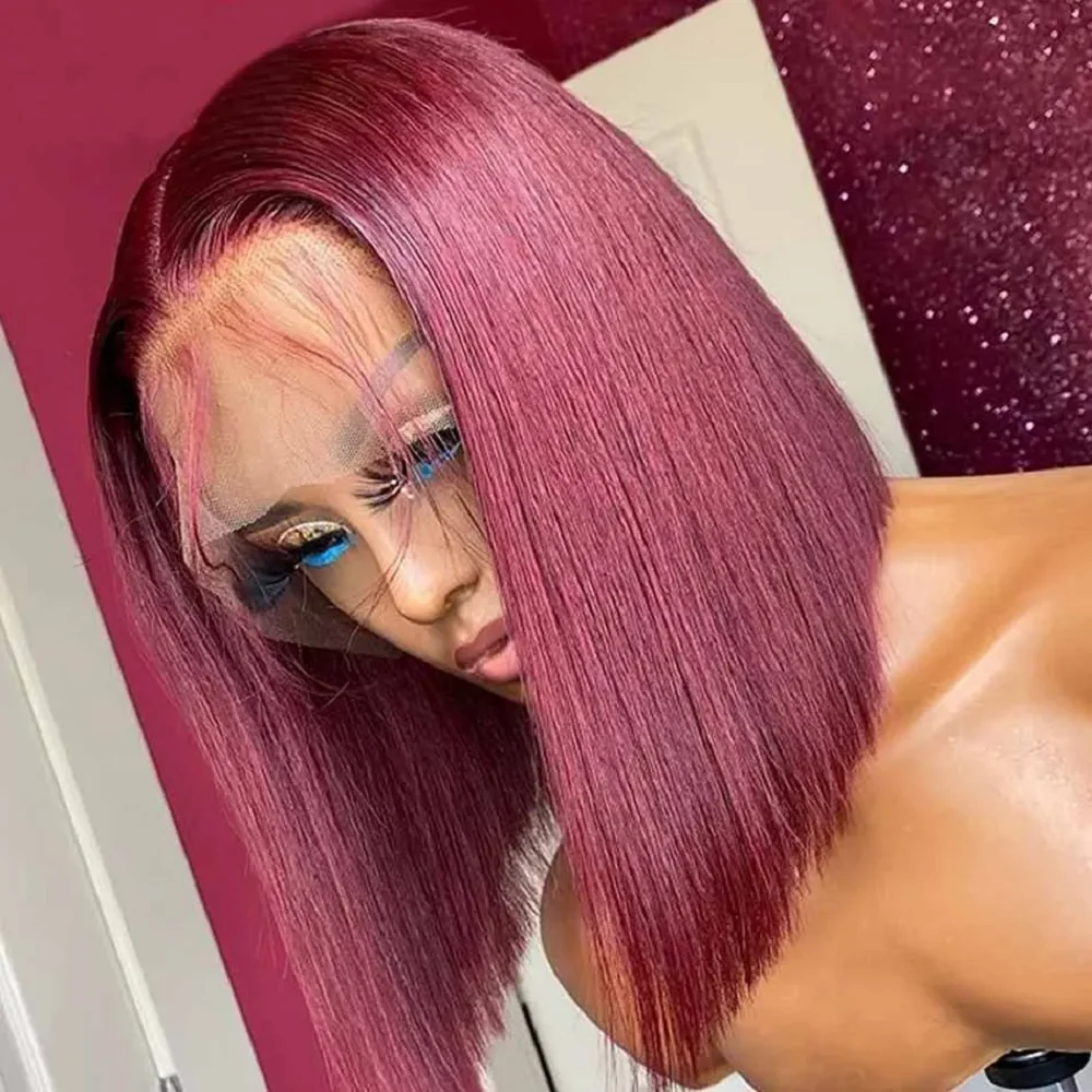 99J Bordeaux 13x4 Bob Recht Pre Geplukt Menselijk Haar Pruiken Korte Braziliaanse Menselijk Haar Pruiken 200% Transparant Kant menselijk Haar Pruik