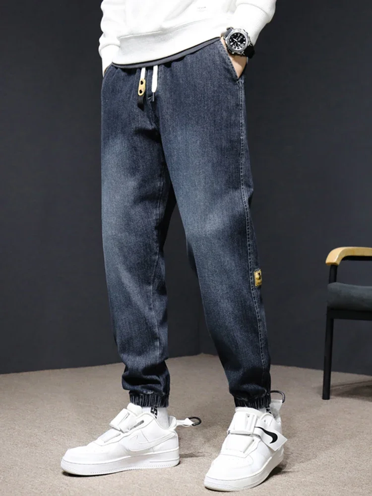 سراويل الرجال المربوطة بالقدم ، الركض الكاجوال ، بنطال رياضي من الدنيم ، بنطلون رجالي ، أزرق ، ملابس رمادية ، جديد ، خريف