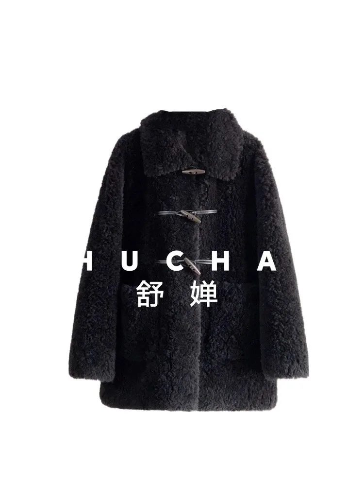 

100% wool coat women new warmLamb wool horn buckle medium and long vertical insert pocket square collar pure wool composite fur