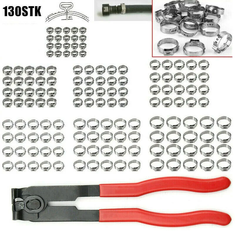 130Pcs/1Set 304 Stainless Steel Single Ear Stepless Hose Clamps Clamp Assortment Kit Crimp Pinch Rings For Securing Pipe Hoses