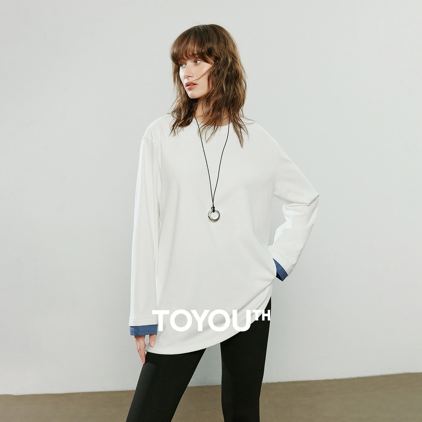 

TOYOUTH Women T-shirts 2025 Winter New Loose Mid-length Spliced Denim Warm Tops