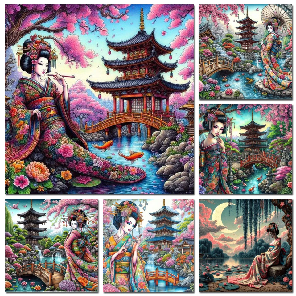 5D DIY Diamond Painting Kimono Woman Geisha Japanese Style Cross Stitch Sakura Pavilion Embroidery Diamond Mosaic Kit Rhinestone