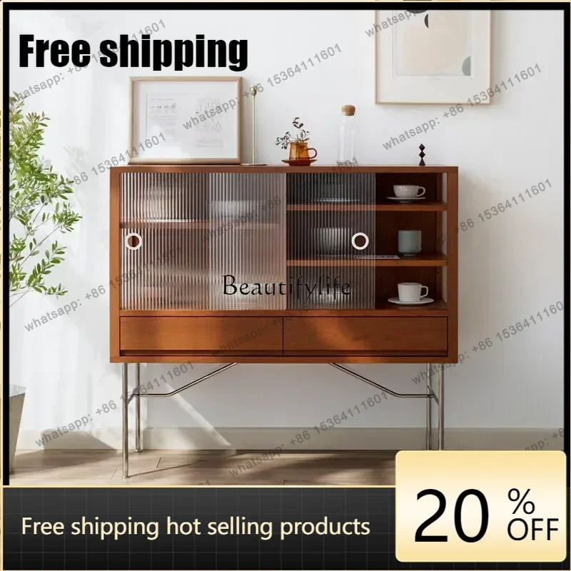 jj5 Nordic solid wood dining side cabinet, living room stainless steel glass side storage cabinet