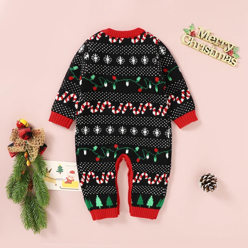 

Christmas-themed Unisex Baby Romper Cozy Long Sleeve Knit Jumpsuit with Round Collar for Winter Festivities and Beyond