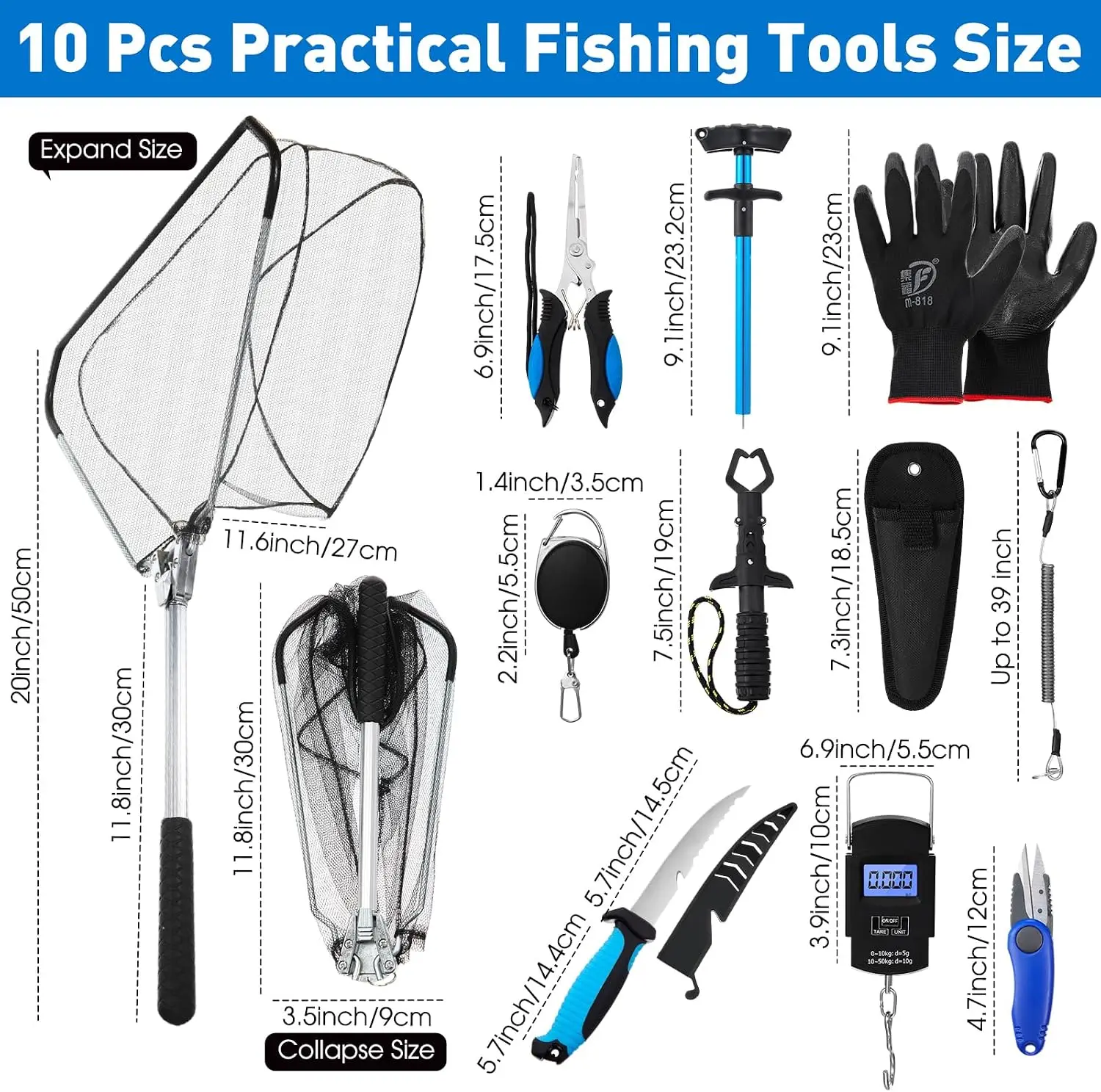10 Pcs Multi Function Fishing Tool Set Include Fishing Pliers With Lanyard & Protective Sheath Landing Net Fillet Knife Fish Scale Fish Gripper Hook Remover Braid Scissors Fishing Gloves Ideal Gift For Anglers Father - view 3