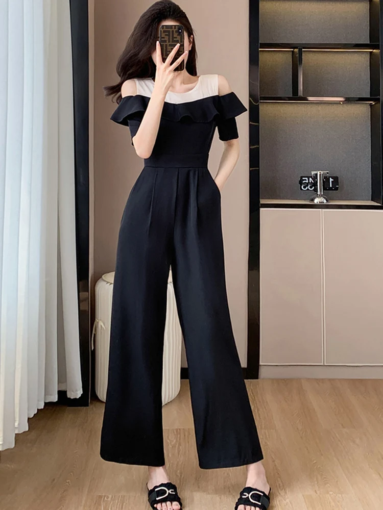 

Elegant Women Hit Color Splicing Ruffles Jumpsuits Summer Ladies Office OL Sexy Off Shoulder Wide Leg Rompers Fashion Clothes