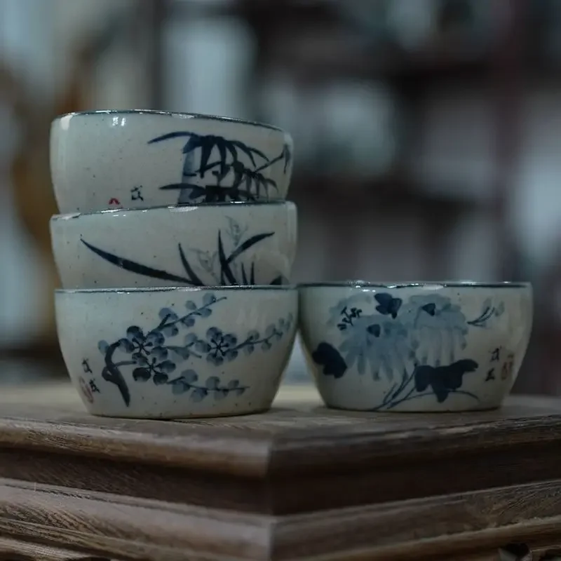 Handbemaltes Teetassen-Set aus grober Keramik in Blau und Weiß – Gongfu-Teetasse aus Keramik, kleine Tasse für die Pu'er-Teezeremonie