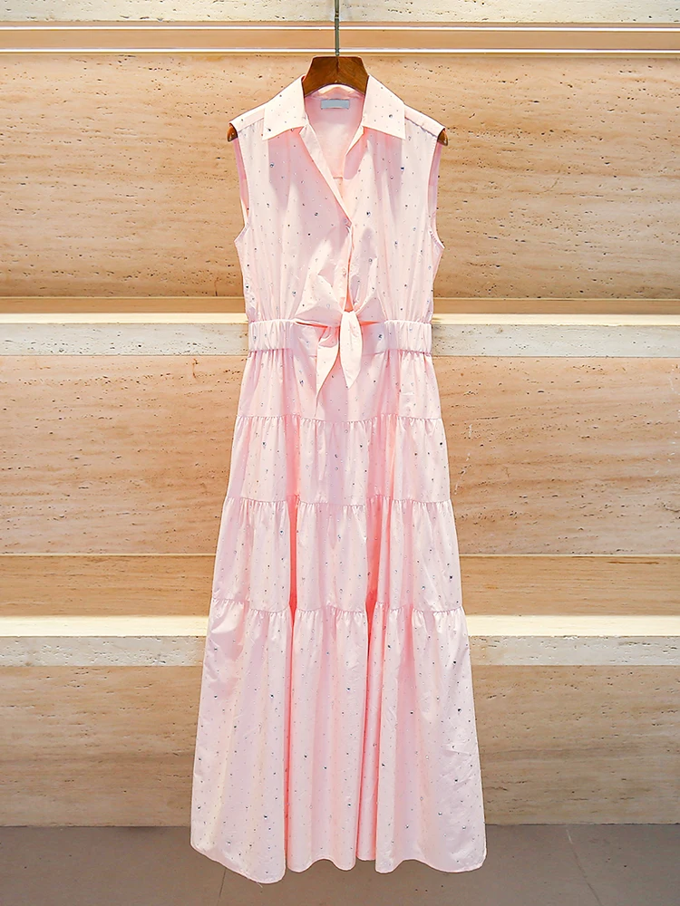

Ele Summer Long Svel Vest Dr Heavy Rhinestone Soft Sle High Waist A-Line Skirt Polyester Fiber Spring Autumn Wear