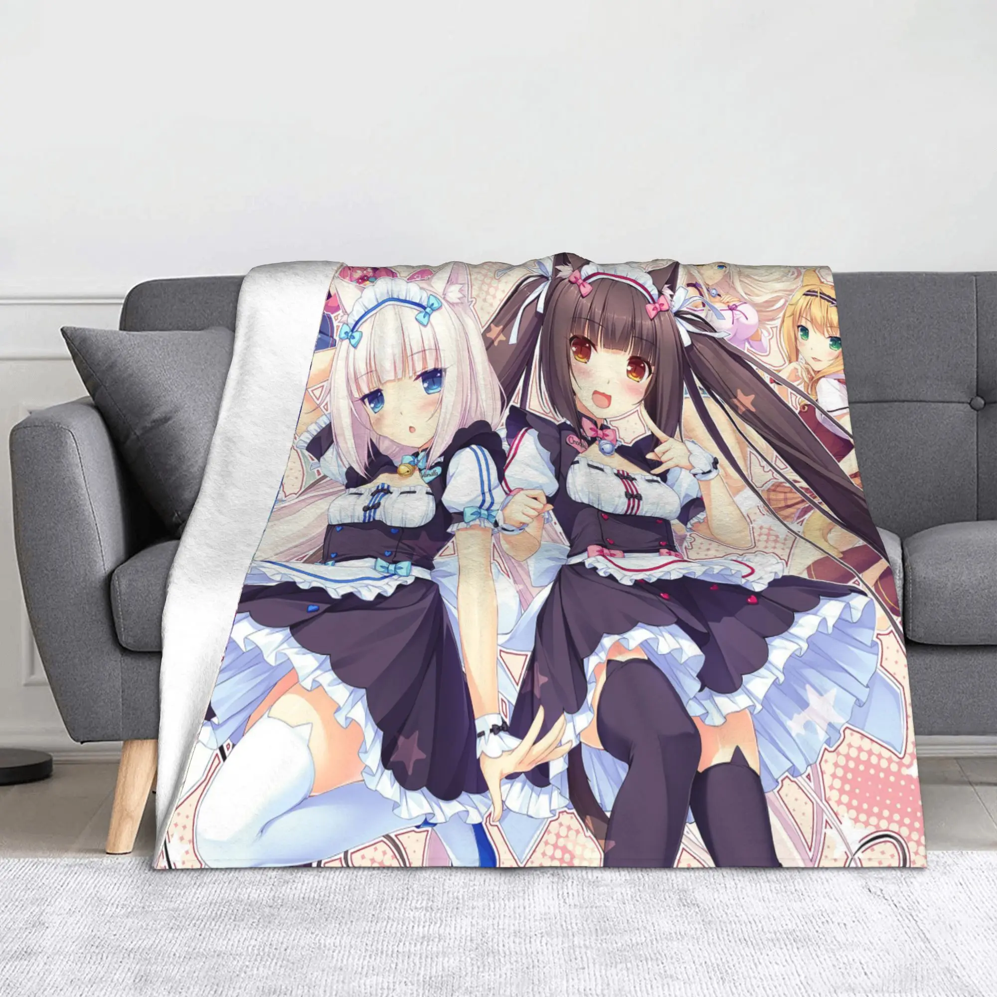 Nekopara Chocola Vanilla Knitted Blanket Fleece Anime Kawaii Gir Ultra-Soft Throw Blankets for Outdoor Travel Bed Rug