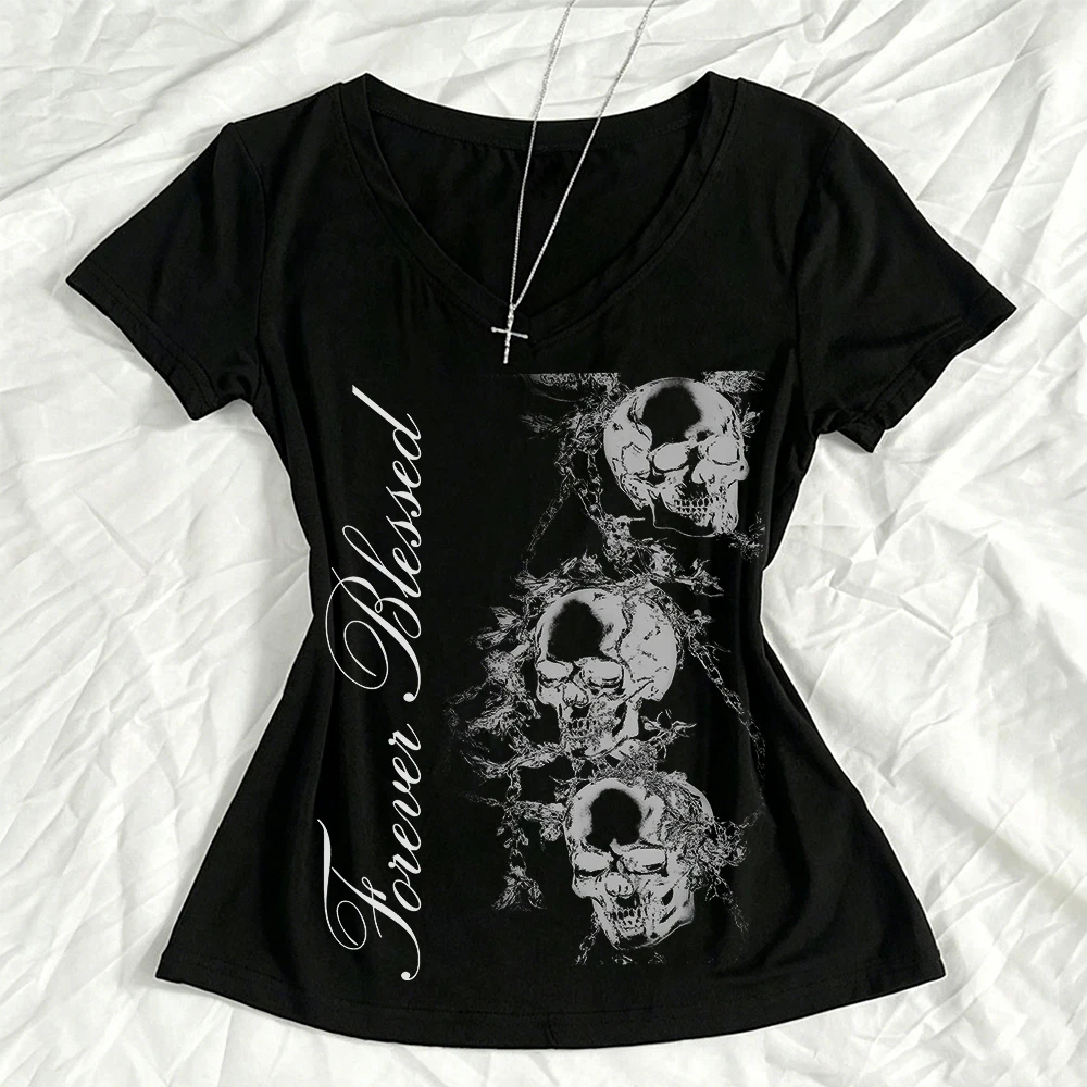 2000s Kawaii Aesthetic Streetwear Print Tees Top Gothic Punk Printing Slim Tees Tops Vintage Harajuku Fairy Print Women Tops Fit