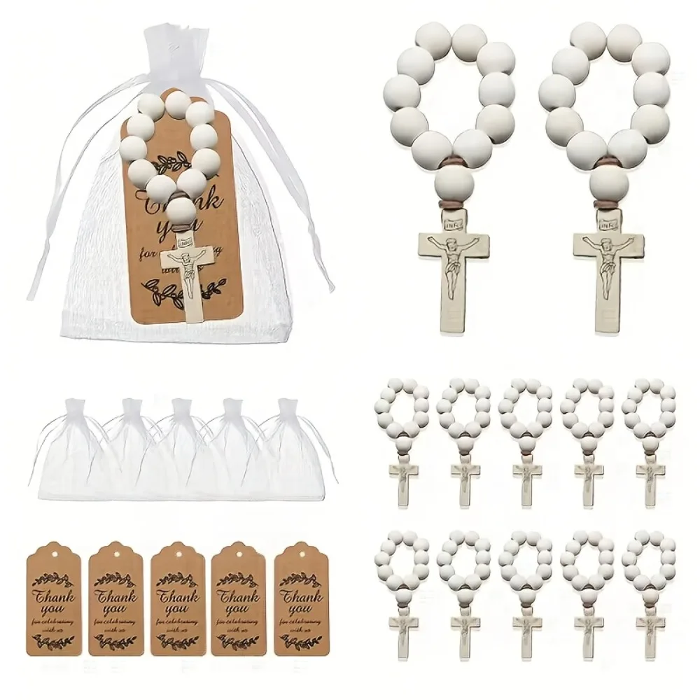 6/12/24 Conjuntos de Lembrancinhas de Batismo: Terços de Dedo em Massa, Terços de Contas de Madeira Brancas com Crucifixo de Jesus e Sacos de Organza + Etiquetas de Agradecimento
