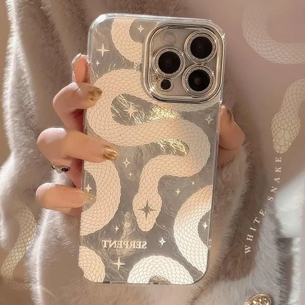 Luxury White Snake Phone Case for IPhone 16 13 11 14 15 12 Pro Max Plus 16Pro Case Plating Camera Protector Butterfly Soft Cover