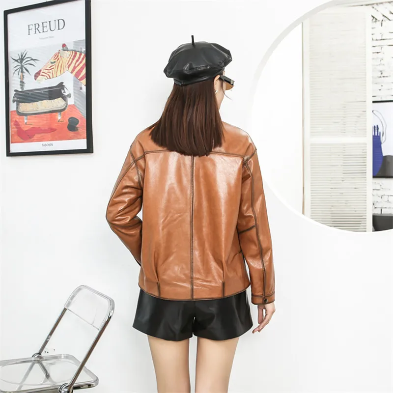 Women's Leather Jacket Coat, Short Plant Tanned Snowflake Sheepskin, Motorcycle Baseball Suit, Loose, Spring, Autumn